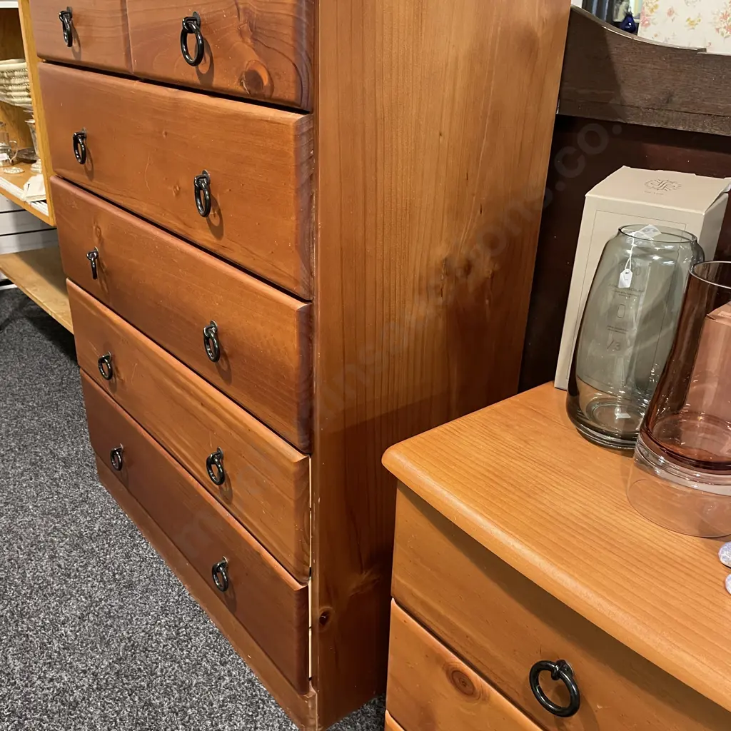 6 Drawer Tall Boy with Matching 3 Drawer Bedside, Metal Ring Handles. Tall Boy H117 W93 D45cm, Bedside H66 W49 D44cm Image 1++