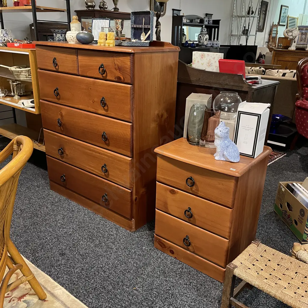 6 Drawer Tall Boy with Matching 3 Drawer Bedside, Metal Ring Handles. Tall Boy H117 W93 D45cm, Bedside H66 W49 D44cm Image 1++