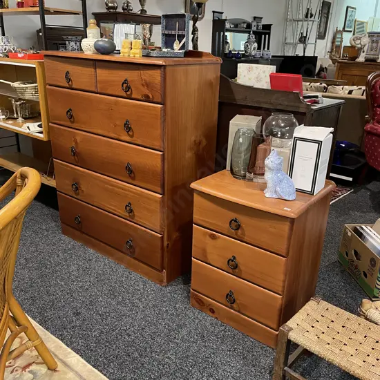 6 Drawer Tall Boy with Matching 3 Drawer Bedside, Metal Ring Handles. Tall Boy H117 W93 D45cm, Bedside H66 W49 D44cm