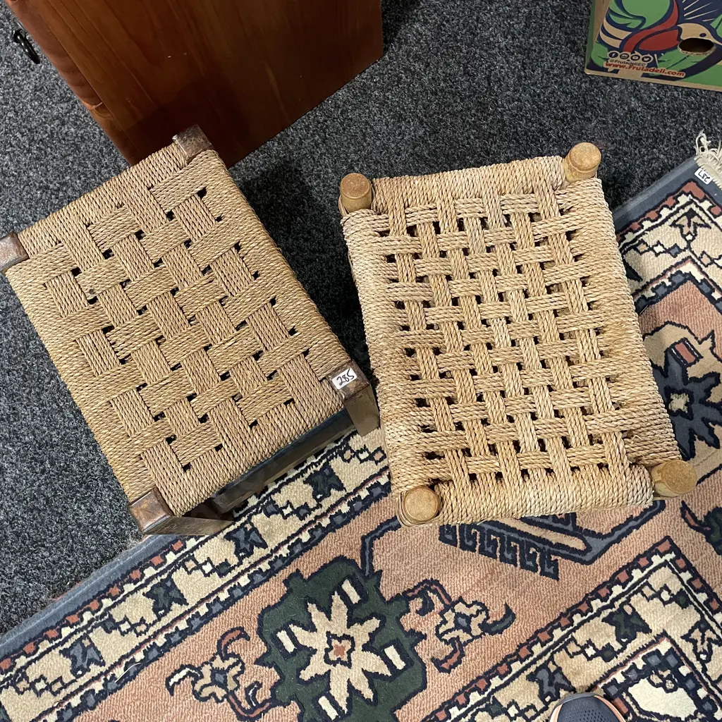 Pair of Vintage Cane and Solid Wood Woven Top Footstools Image 1++