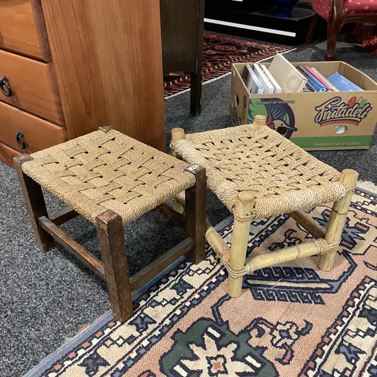Pair of Vintage Cane and Solid Wood Woven Top Footstools
