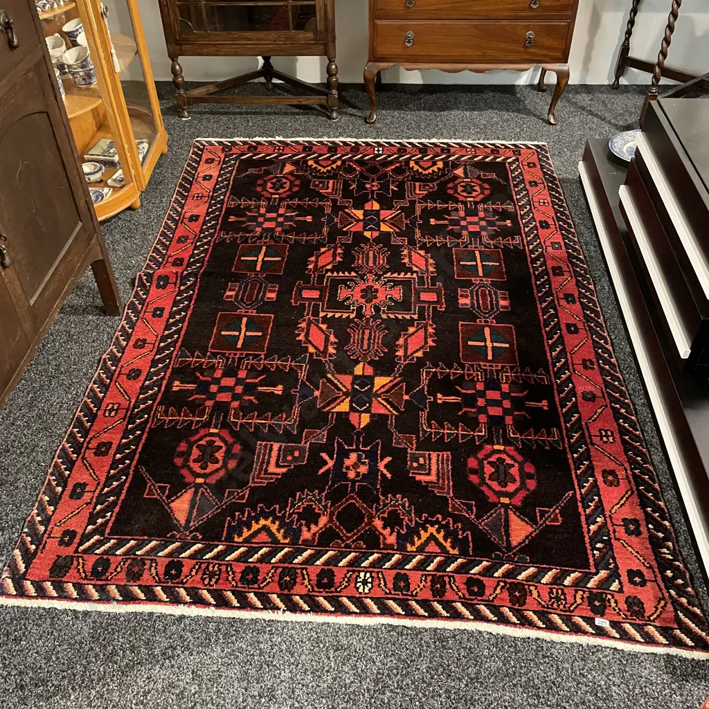 Floor Rug, Hand Knotted, W140 L210cm. Rich reds blue orange colours Image 1++