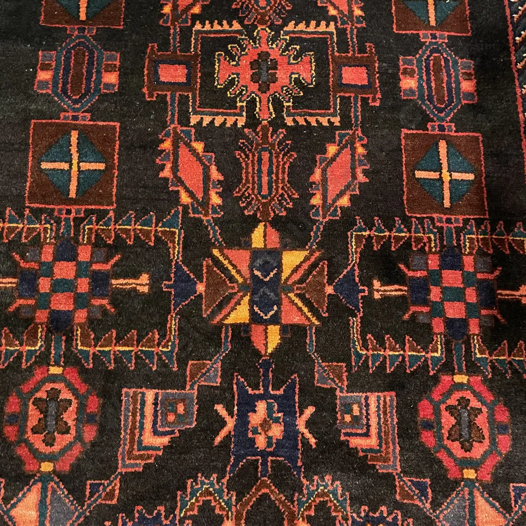 Floor Rug, Hand Knotted, W140 L210cm. Rich reds blue orange colours Image 1++