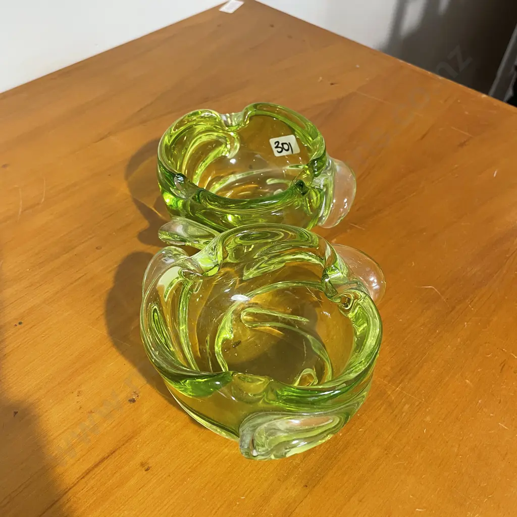 Pair of Art Glass Bowls. Irredescent lime colour. Dia14cm Image 1++