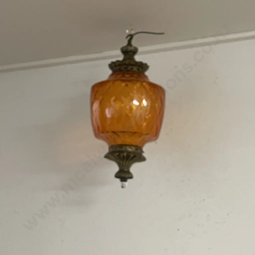 Stunning Vintage Light. Retro orange glass with brass fittings, ceiling rose and finial base. H52cm, Dia35cm Image 1++