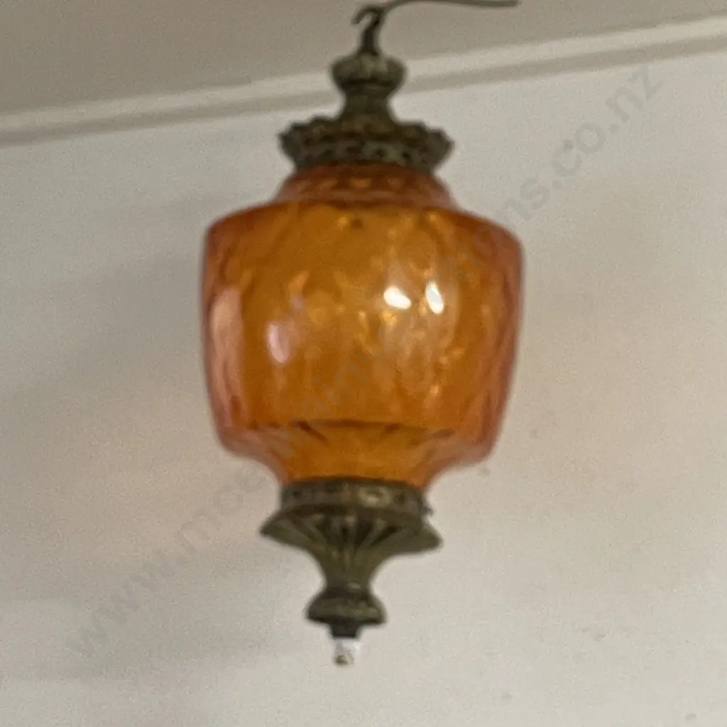 Stunning Vintage Light. Retro orange glass with brass fittings, ceiling rose and finial base. H52cm, Dia35cm Image 1++