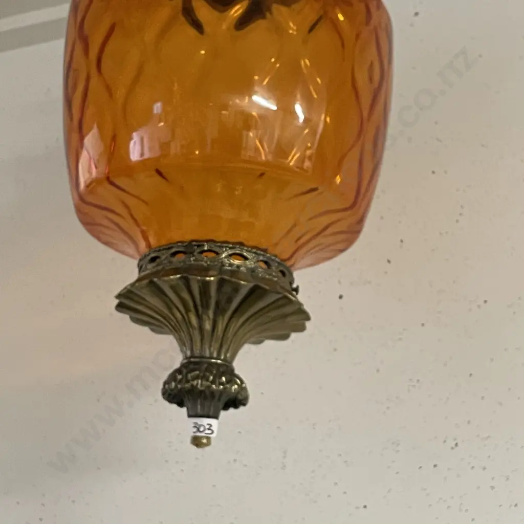 Stunning Vintage Light. Retro orange glass with brass fittings, ceiling rose and finial base. H52cm, Dia35cm Image 1++