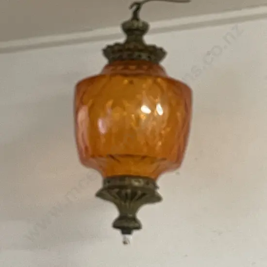 Stunning Vintage Light. Retro orange glass with brass fittings, ceiling rose and finial base. H52cm, Dia35cm