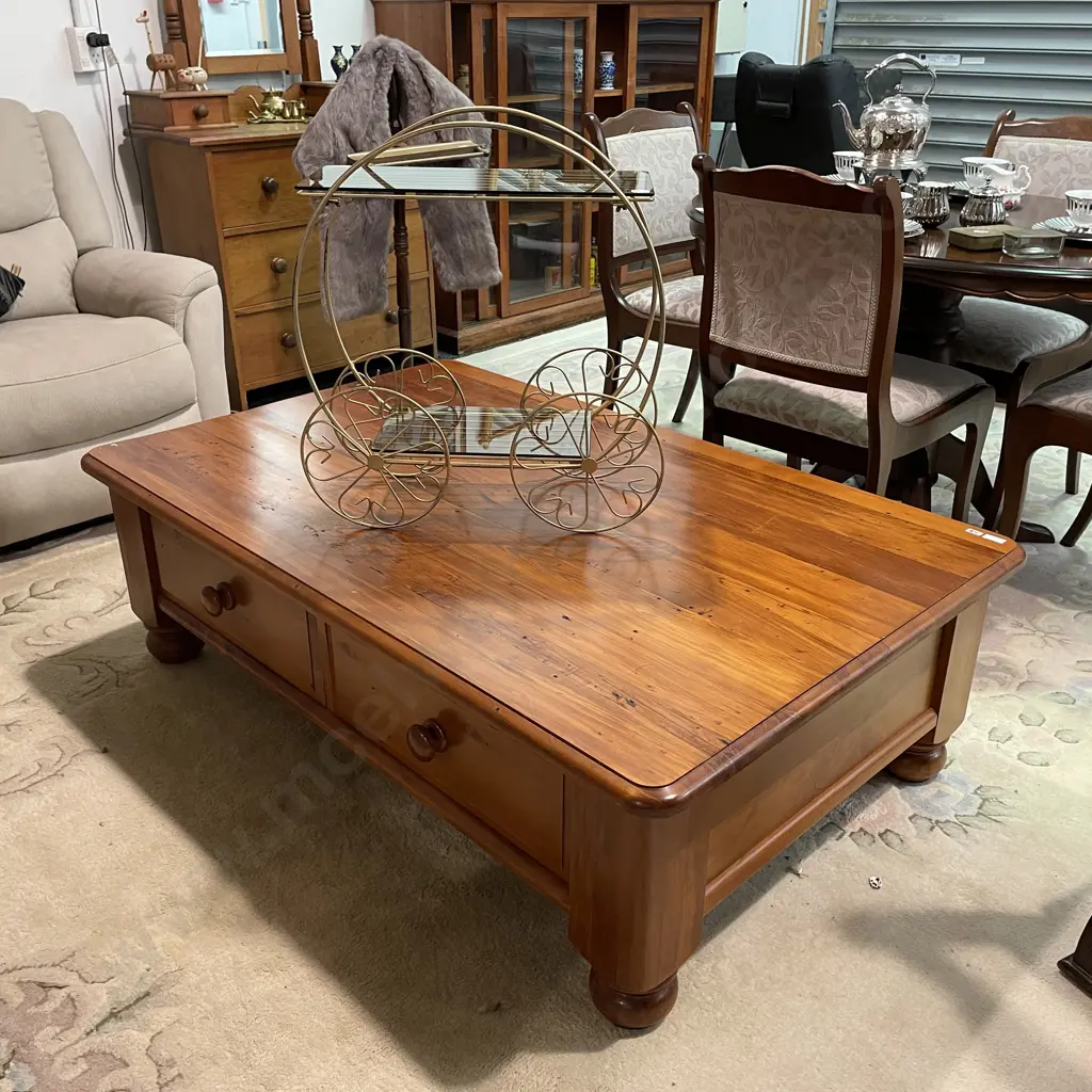 Extra Large Woodpeckers Solid Recycled Rimu Coffee Table. 4 Drawer, Bun Feet, 138 x 90cm, H43cm Image 1++