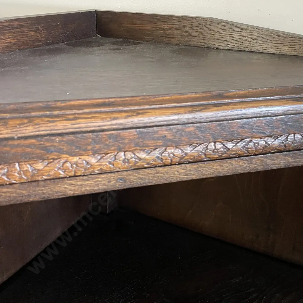 Vintage Tri Footed Oak Glass Front Corner Unit. SIngle Glass door, 2 internal Shelves, can be Floor or Wall Mounted. Image 1++