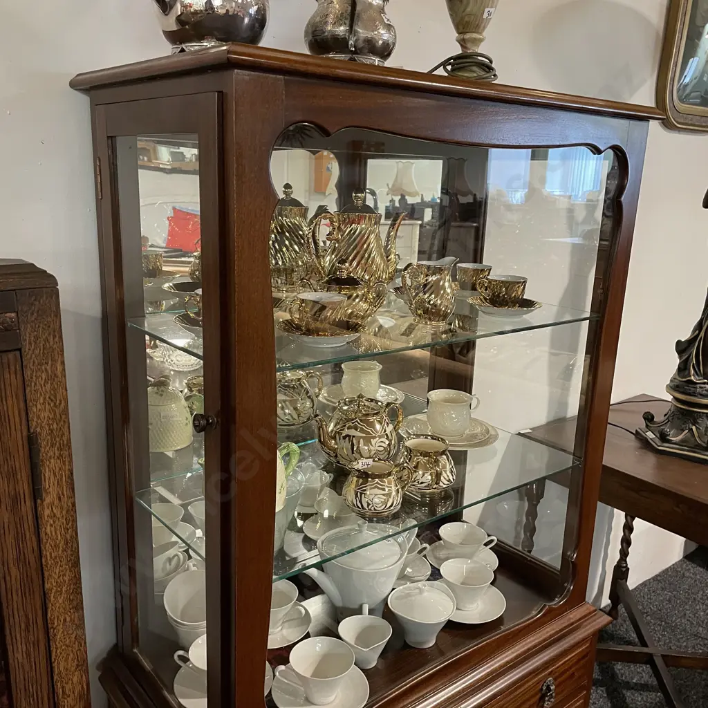 Antique Solid Mahogany Display Cabinet, Glass Front, 2 Glass doors on each side, 2 drawer, Mirror Back,  Image 1++