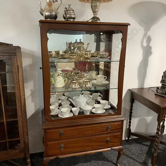 Antique Solid Mahogany Display Cabinet, Glass Front, 2 Glass doors on each side, 2 drawer, Mirror Back, 