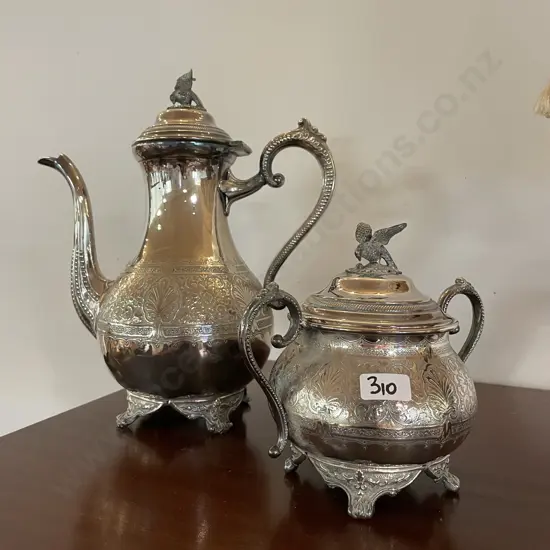 Antique Silver Coffee Pot and Lidded Sugar. Eagle finials. Hallmarked as shown in photograph