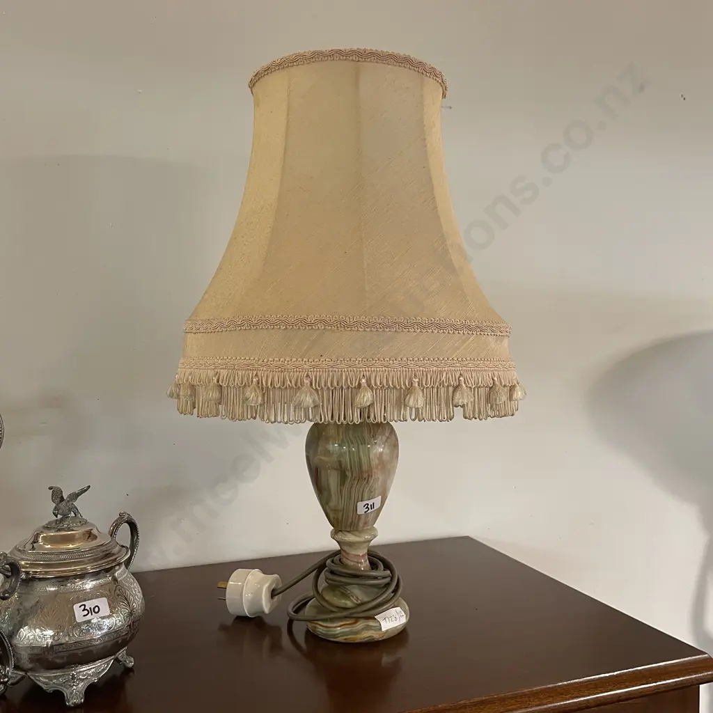 Vintage Marble Table Lamp with Pink Silk Fabric Shade with Tassles, H50cm Image 1++