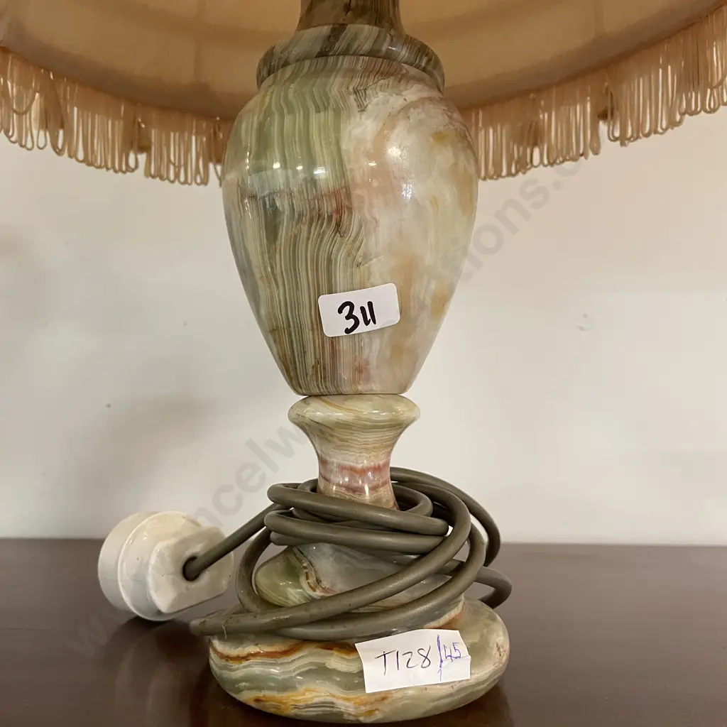 Vintage Marble Table Lamp with Pink Silk Fabric Shade with Tassles, H50cm Image 1++