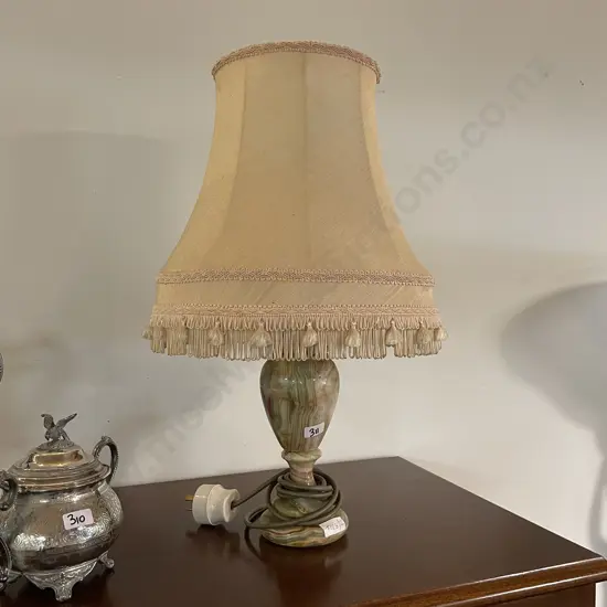Vintage Marble Table Lamp with Pink Silk Fabric Shade with Tassles, H50cm