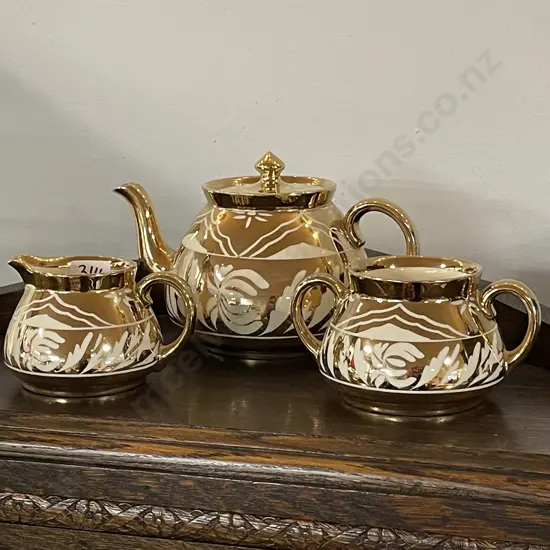 Vintage Gibson, England 3 piece Gilded Teaset with teapot, cream jug and sugar bowl