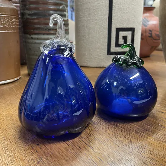 Pair Art Glass Cobalt Blue fruit/vege H15 and H12cm