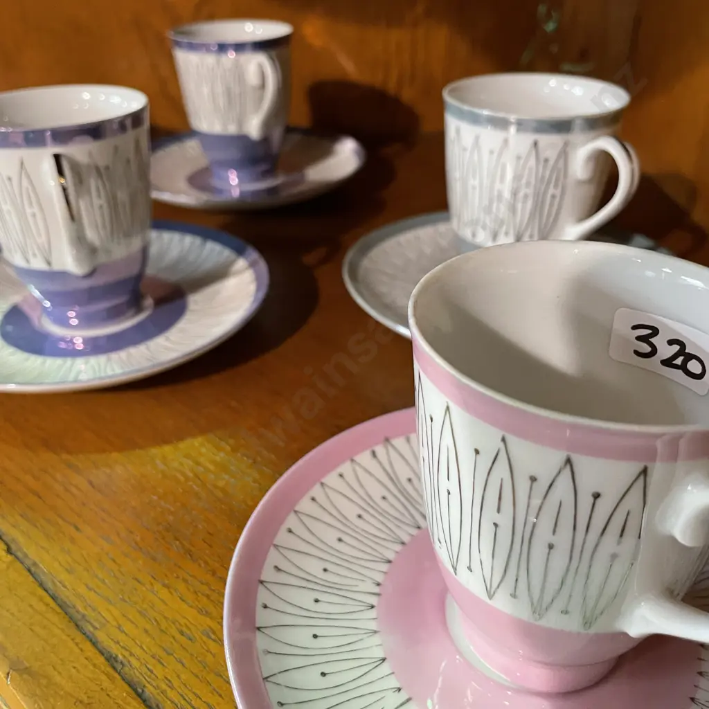 Set of 5 Mid Century Lustre ware cups and saucers. Various colours Image 1++