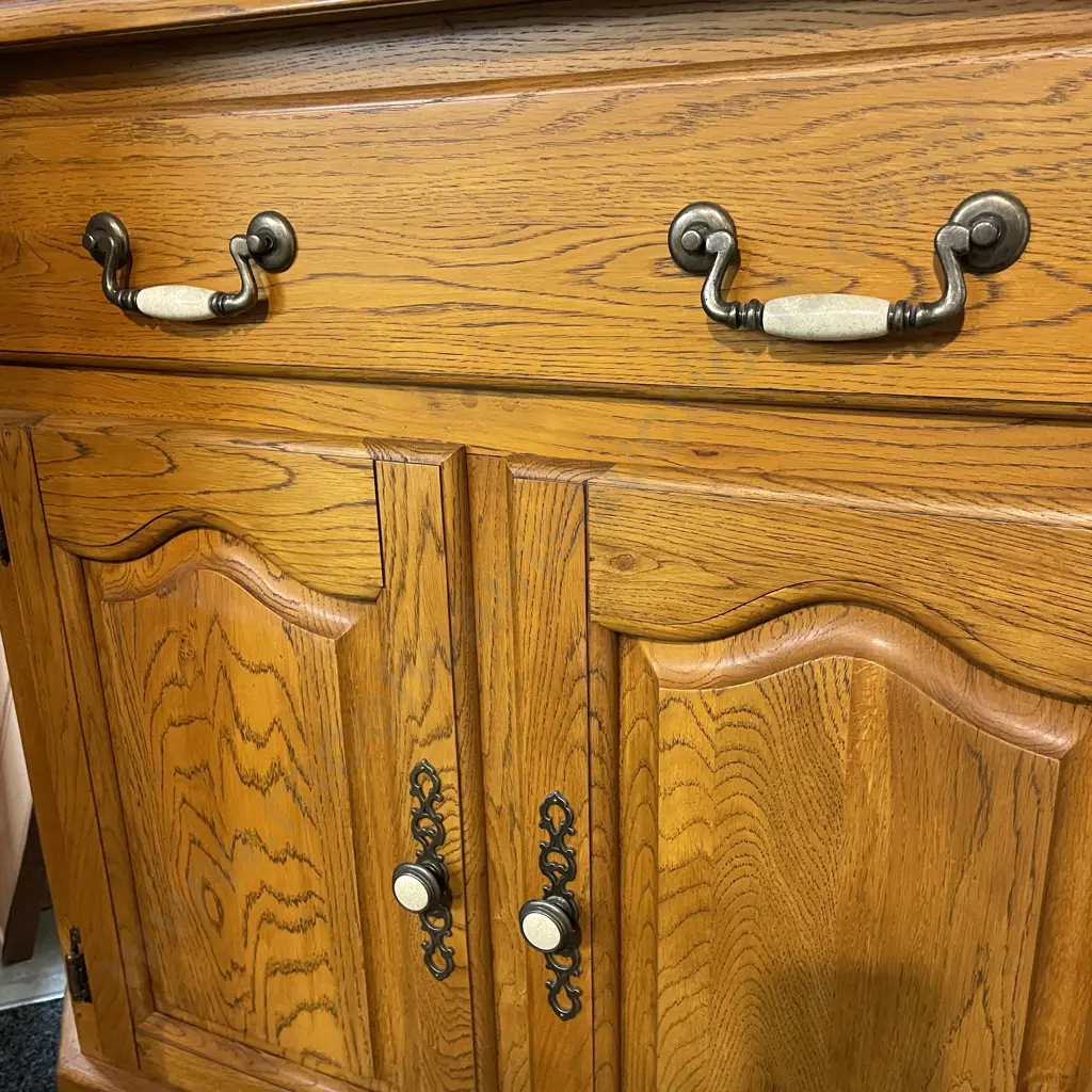 Solid Oak? 2 Piece Corner Unit. Base 2 Door Single Drawer, Top 2 Leadlight Doors Internal Glass Shelf,  Internal Light Image 1++