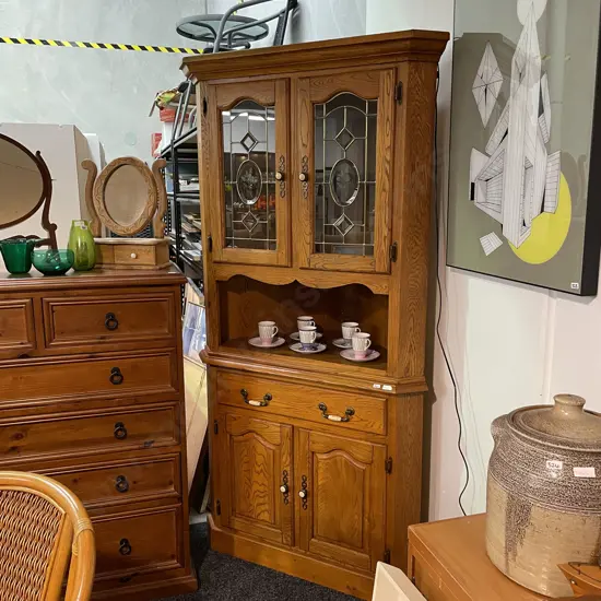 Solid Oak? 2 Piece Corner Unit. Base 2 Door Single Drawer, Top 2 Leadlight Doors Internal Glass Shelf,  Internal Light