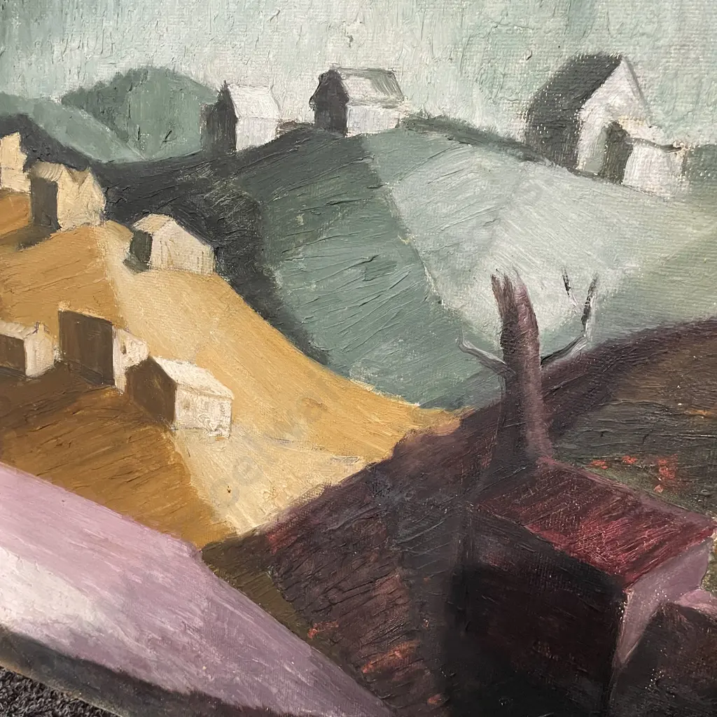 Original Mid Century Oil on Board Artwork Signed Ian McMillan, Ex Auckland Society of Arts, Titled 'The New Settlement' Image 1++