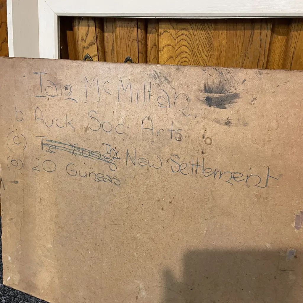 Original Mid Century Oil on Board Artwork Signed Ian McMillan, Ex Auckland Society of Arts, Titled 'The New Settlement' Image 1++