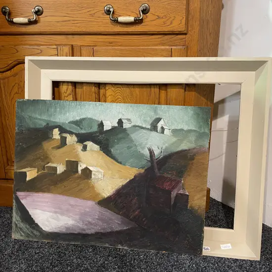 Original Mid Century Oil on Board Artwork Signed Ian McMillan, Ex Auckland Society of Arts, Titled 'The New Settlement'