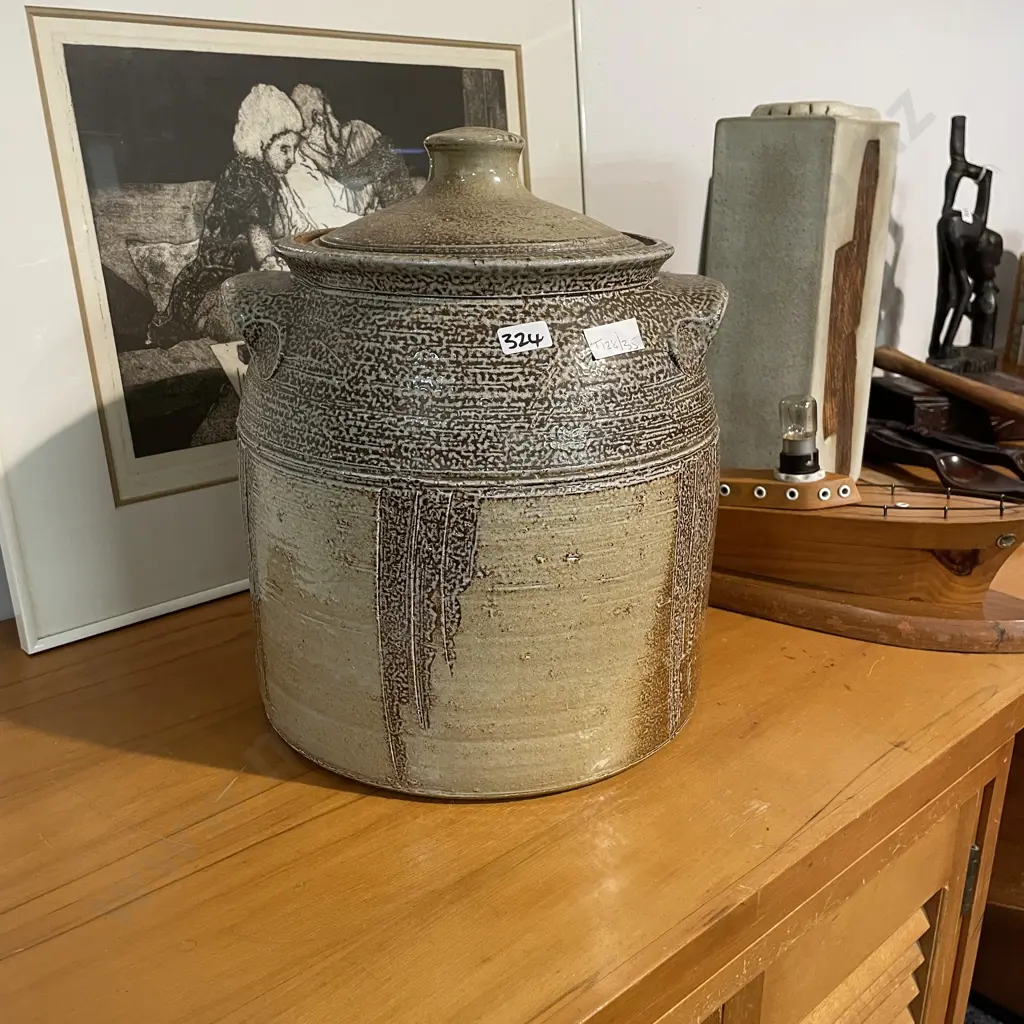 Extra Large Hillside Renton Murray 2 handled Salt Glazed lidded Jar. H32 Dia 28cm Image 1++