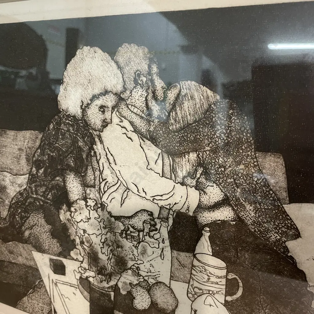 Framed Barry Cleavin Etching "Two Girls and a Friend", title inscribed, 54 x 46cm incl frame. signed and dated 1974 Image 1++