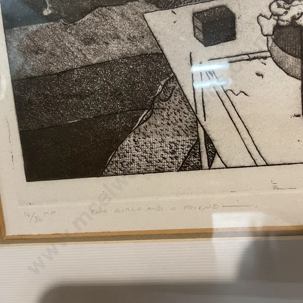 Framed Barry Cleavin Etching "Two Girls and a Friend", title inscribed, 54 x 46cm incl frame. signed and dated 1974 Image 1++