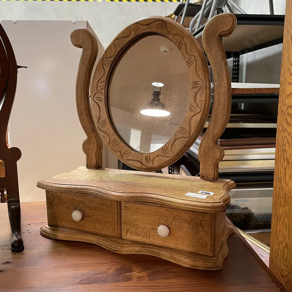 Vintage carved wooden Pivoting Dressing table mirror with 2 base drawers Image 1++