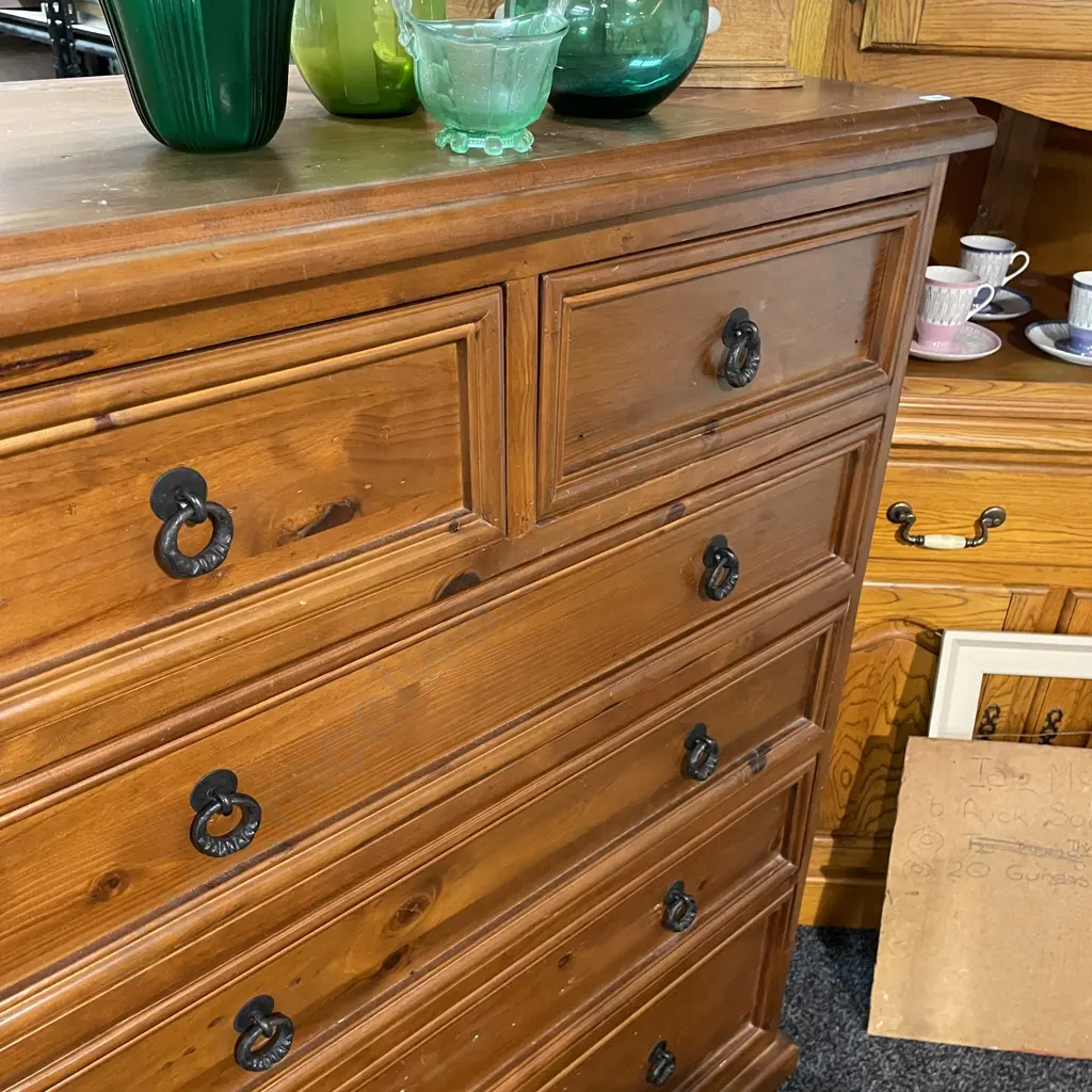 Solid Wood 6 Drawer Tall Boy, Metal Ring handles, H120 W95 D46cm Image 1++