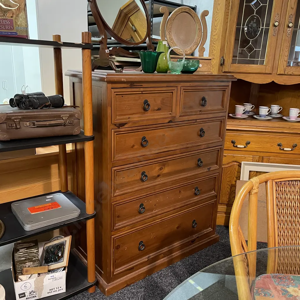 Solid Wood 6 Drawer Tall Boy, Metal Ring handles, H120 W95 D46cm Image 1++