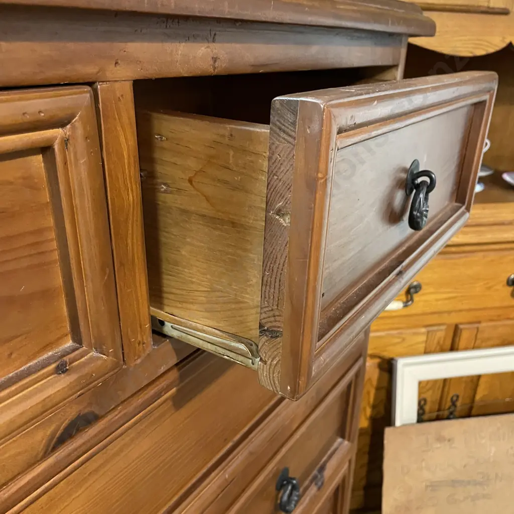 Solid Wood 6 Drawer Tall Boy, Metal Ring handles, H120 W95 D46cm Image 1++