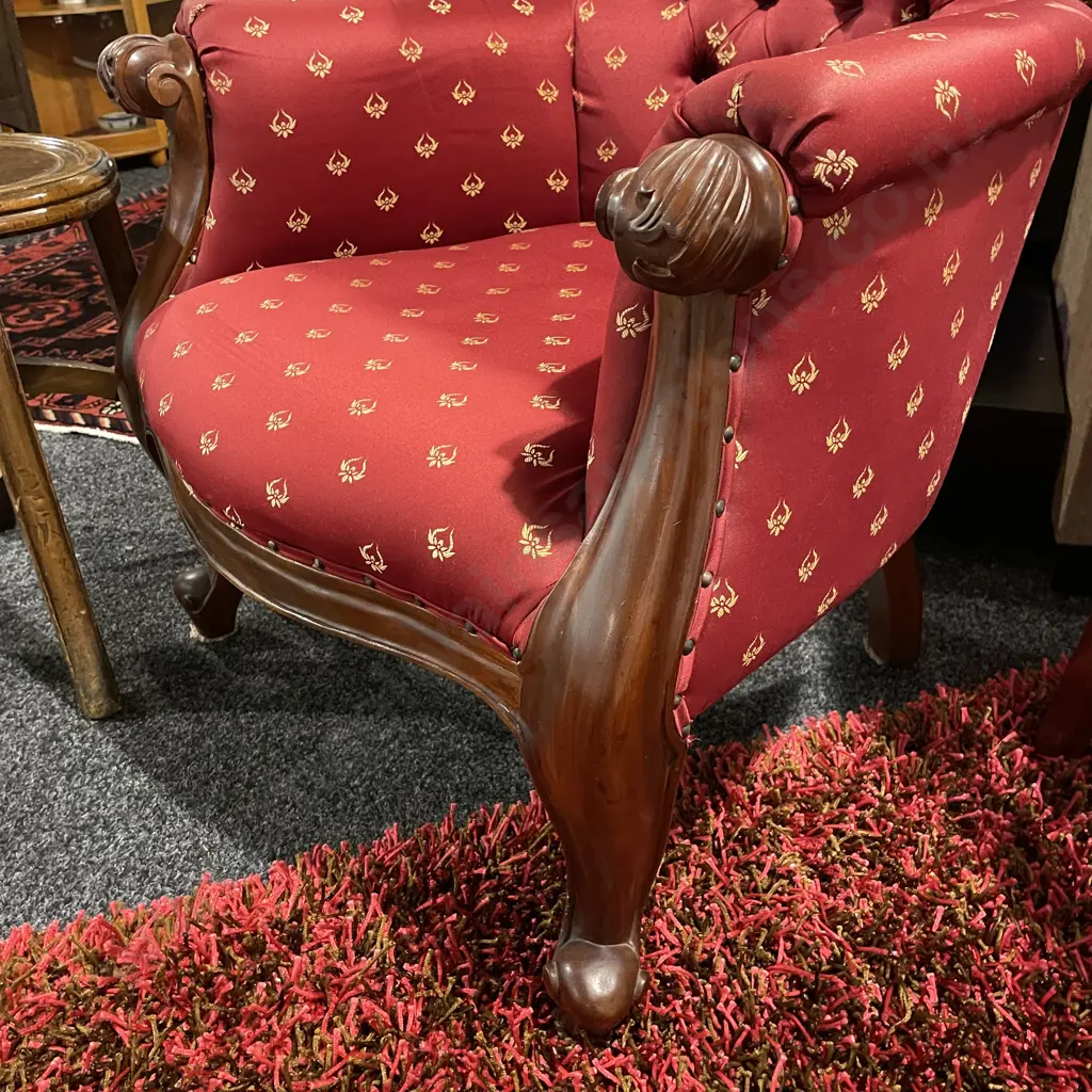 Antique Solid Mahogany Balloon Back Arm Chair. Carved Detail, Burgundy Fabric, Button Backed and Domes Image 1++