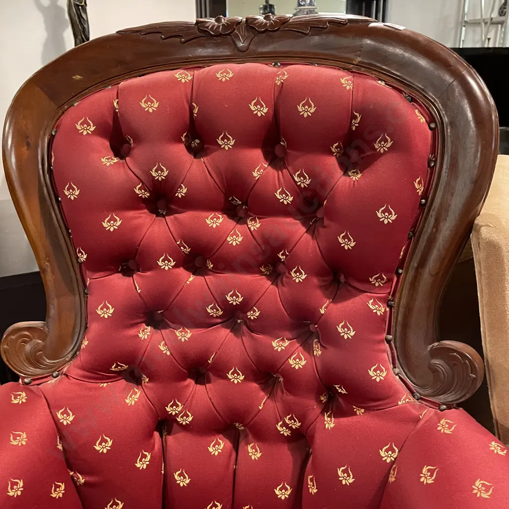 Antique Solid Mahogany Balloon Back Arm Chair. Carved Detail, Burgundy Fabric, Button Backed and Domes Image 1++