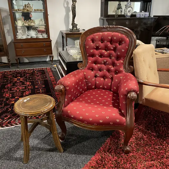 Antique Solid Mahogany Balloon Back Arm Chair. Carved Detail, Burgundy Fabric, Button Backed and Domes