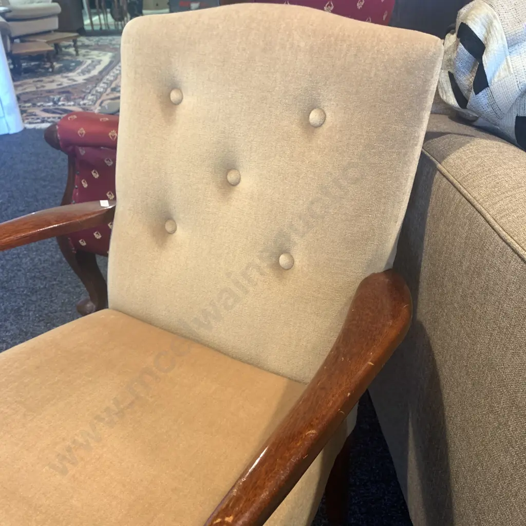 Vintage Retro Wooden Bedroom Chair with Mustard Button Back Fabric. Queen Anne Legs. H80 W60cm Image 1++