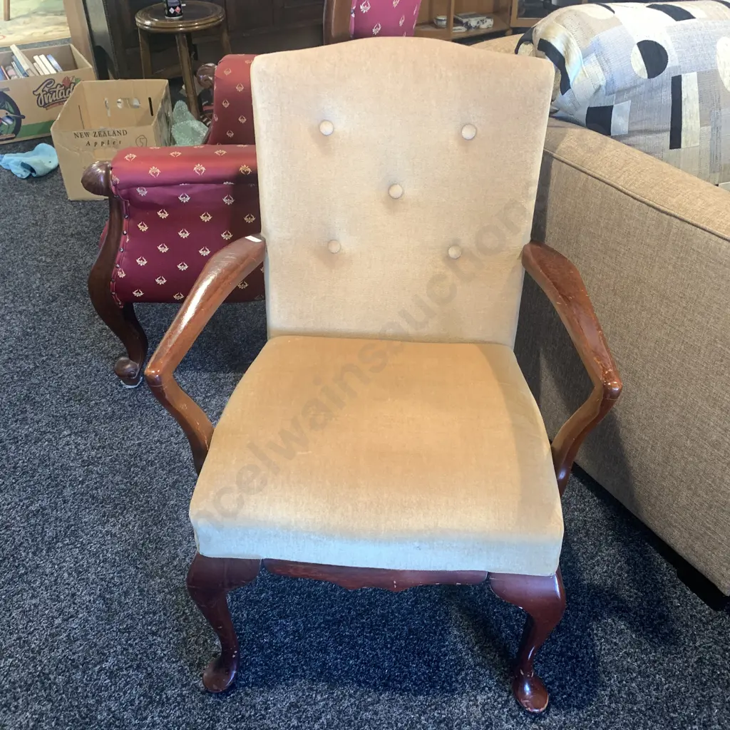 Vintage Retro Wooden Bedroom Chair with Mustard Button Back Fabric. Queen Anne Legs. H80 W60cm Image 1++