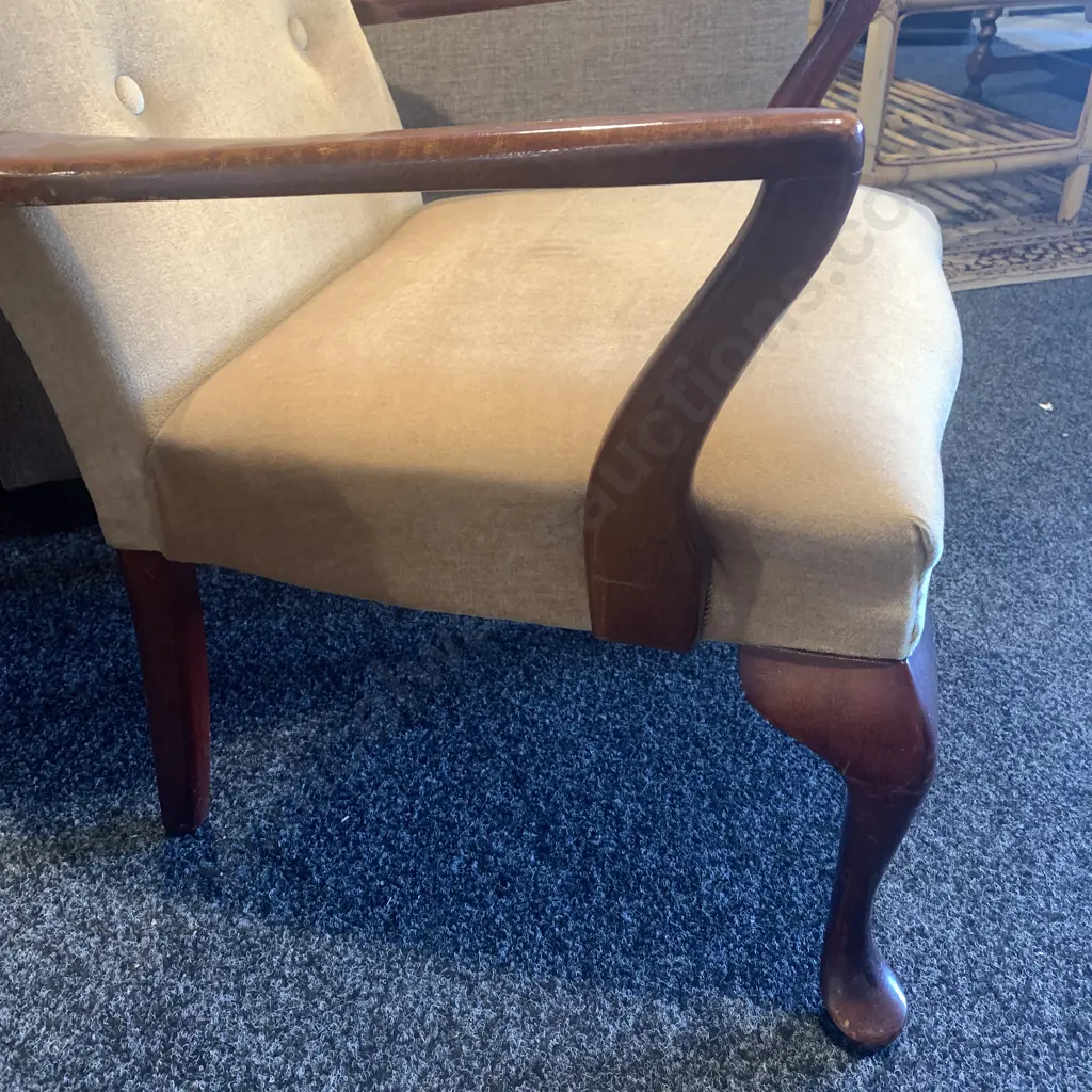 Vintage Retro Wooden Bedroom Chair with Mustard Button Back Fabric. Queen Anne Legs. H80 W60cm Image 1++