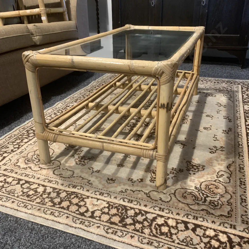 Cane Coffee Table with Glass Top, 98 x 49cm Image 1++