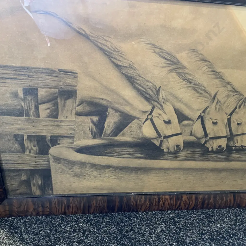 Stunning Antique Original Pencil Drawing. Horses Drinking Water, Signed W. Graut? D.B.E.R? Dated 11.3.33. Image 1++