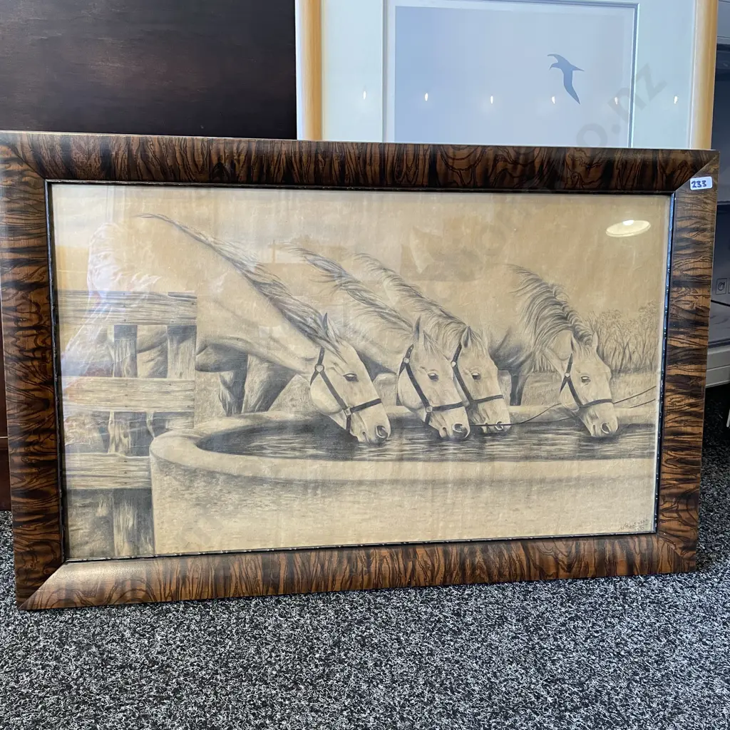 Stunning Antique Original Pencil Drawing. Horses Drinking Water, Signed W. Graut? D.B.E.R? Dated 11.3.33. Image 1++