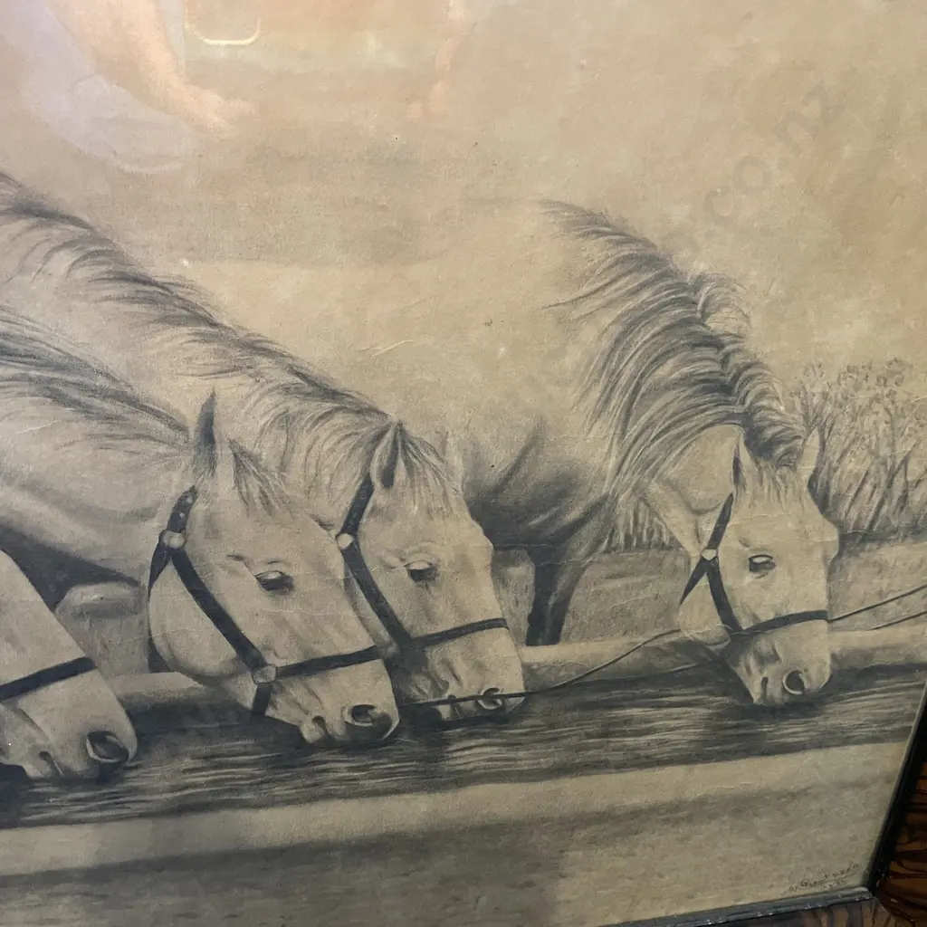 Stunning Antique Original Pencil Drawing. Horses Drinking Water, Signed W. Graut? D.B.E.R? Dated 11.3.33. Image 1++