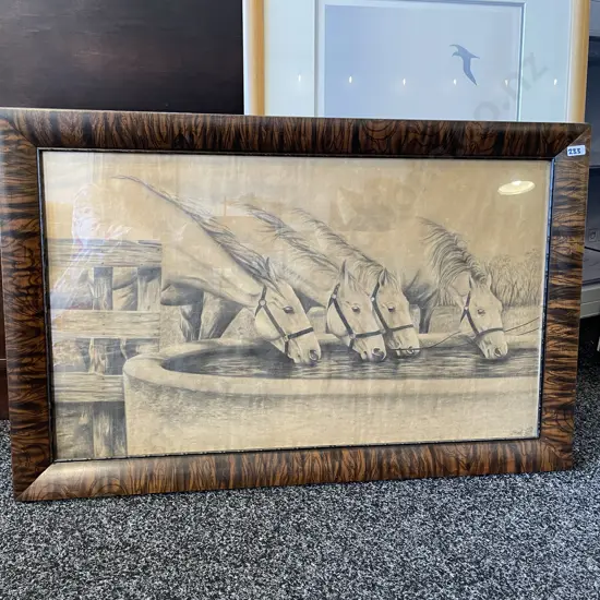 Stunning Antique Original Pencil Drawing. Horses Drinking Water, Signed W. Graut? D.B.E.R? Dated 11.3.33.