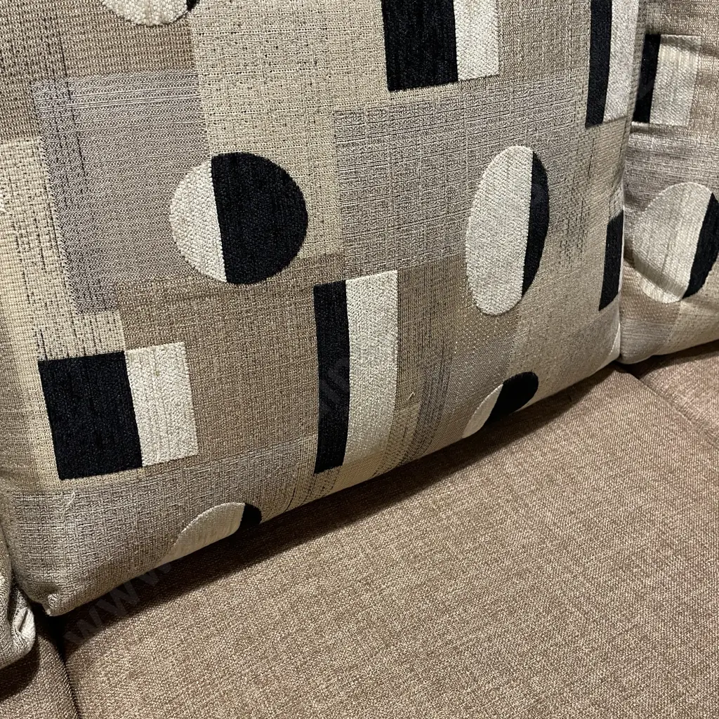 Quality 3 Seater Couch, Curved Arms, Solid Wood Feet, Sand/Oatmeal Fabric, Black Cream and Fawn Cushions, L200 H85 D88cm Image 1++