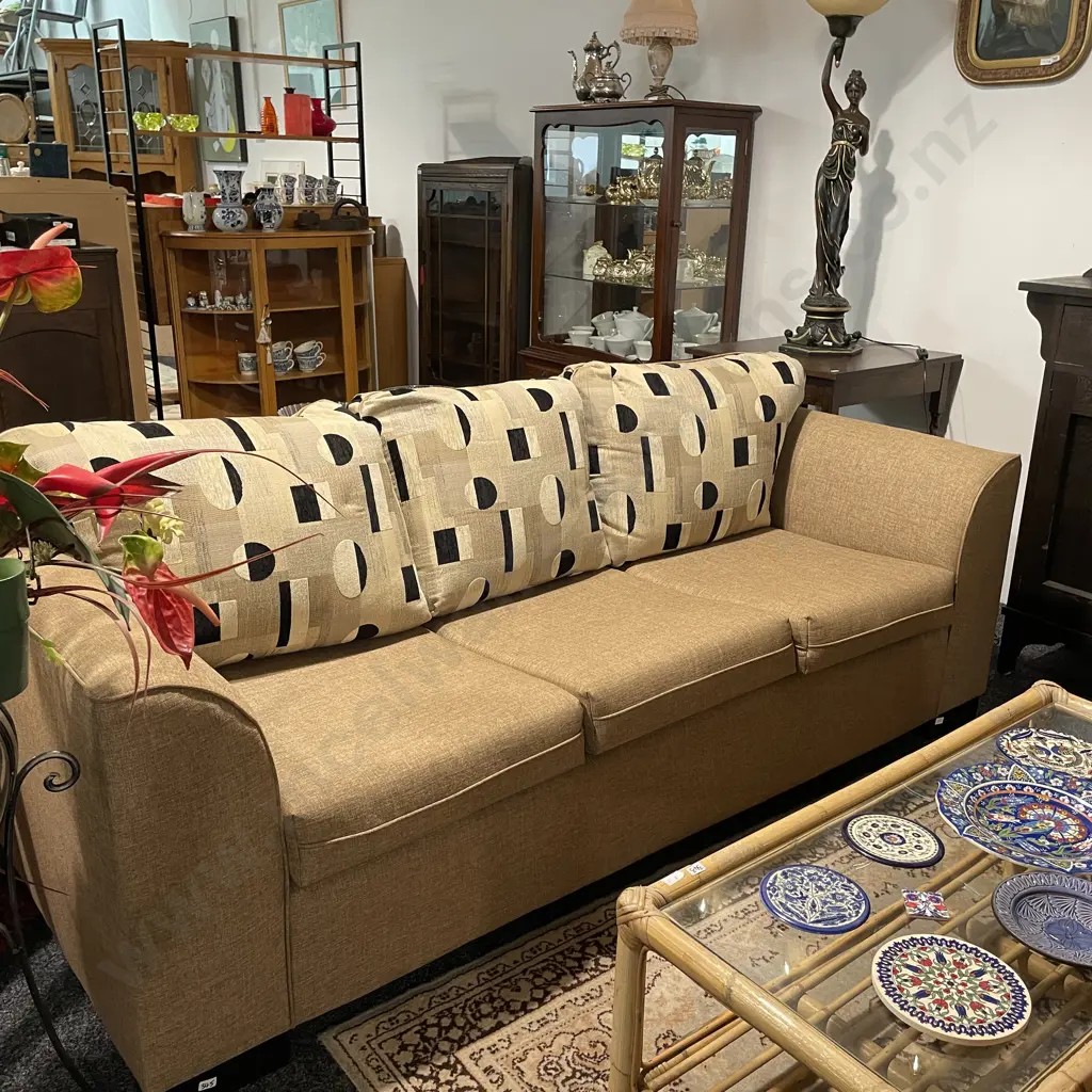 Quality 3 Seater Couch, Curved Arms, Solid Wood Feet, Sand/Oatmeal Fabric, Black Cream and Fawn Cushions, L200 H85 D88cm Image 1++