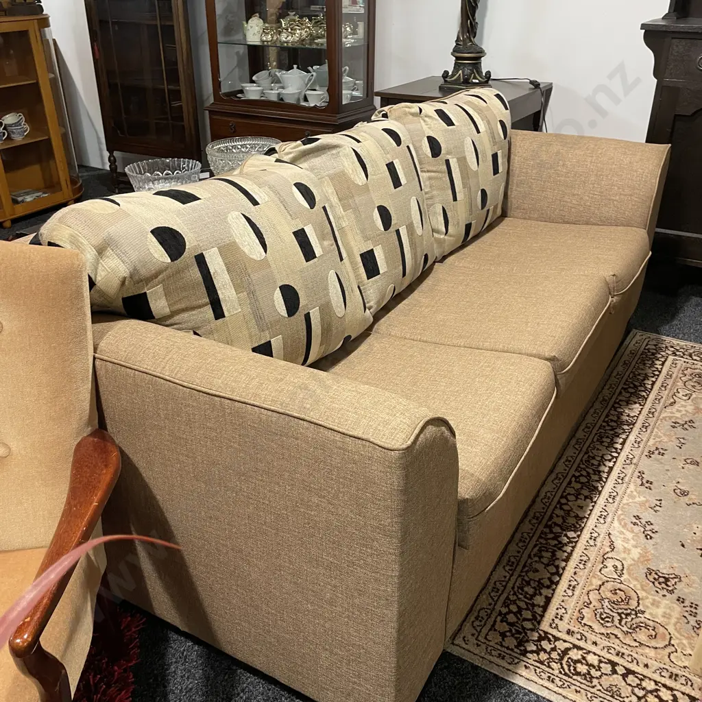 Quality 3 Seater Couch, Curved Arms, Solid Wood Feet, Sand/Oatmeal Fabric, Black Cream and Fawn Cushions, L200 H85 D88cm Image 1++