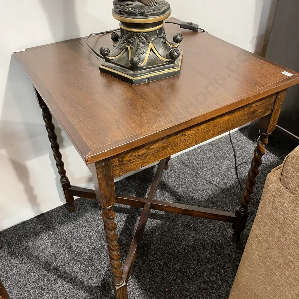 Vintage Solid Oak Square Occasional Table. Cross Base Rope Legs H72 58cm Square Image 1++